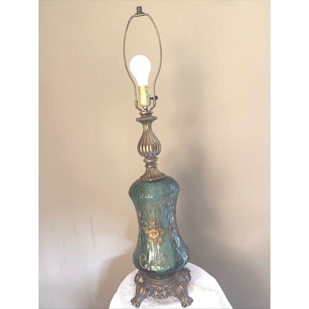 Table Lamp Green Diamond Glass Hollywood Regency MCM Antique Rose Tokyo Japan